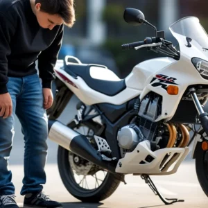 Homem frustrado olhando para o motor de uma moto usada com defeito, simbolizando a descoberta de um vício oculto e a busca por seus direitos legais.