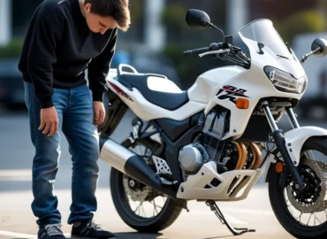 Homem frustrado olhando para o motor de uma moto usada com defeito, simbolizando a descoberta de um vício oculto e a busca por seus direitos legais.