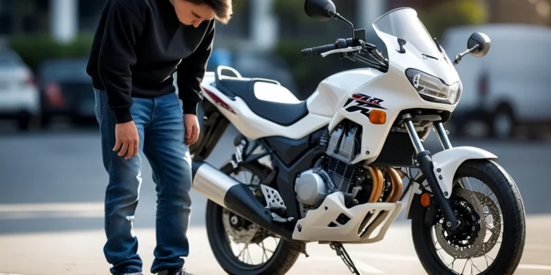 Homem frustrado olhando para o motor de uma moto usada com defeito, simbolizando a descoberta de um vício oculto e a busca por seus direitos legais.