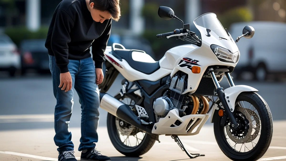 Homem frustrado olhando para o motor de uma moto usada com defeito, simbolizando a descoberta de um vício oculto e a busca por seus direitos legais.