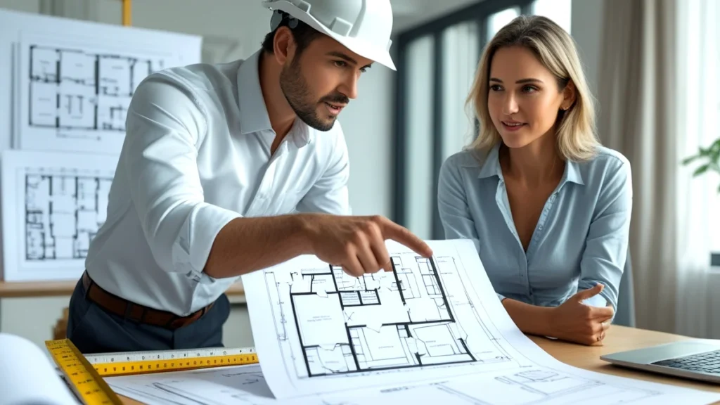 Engenheiro civil e proprietário discutindo uma alteração estrutural em planta de apartamento, com foco na manutenção da garantia do imóvel e cumprimento da NBR 16.280.