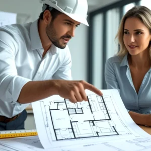 Engenheiro civil e proprietário discutindo uma alteração estrutural em planta de apartamento, com foco na manutenção da garantia do imóvel e cumprimento da NBR 16.280.