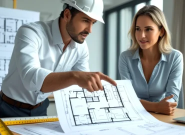 Engenheiro civil e proprietário discutindo uma alteração estrutural em planta de apartamento, com foco na manutenção da garantia do imóvel e cumprimento da NBR 16.280.