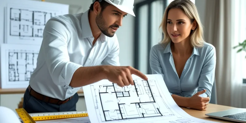 Engenheiro civil e proprietário discutindo uma alteração estrutural em planta de apartamento, com foco na manutenção da garantia do imóvel e cumprimento da NBR 16.280.