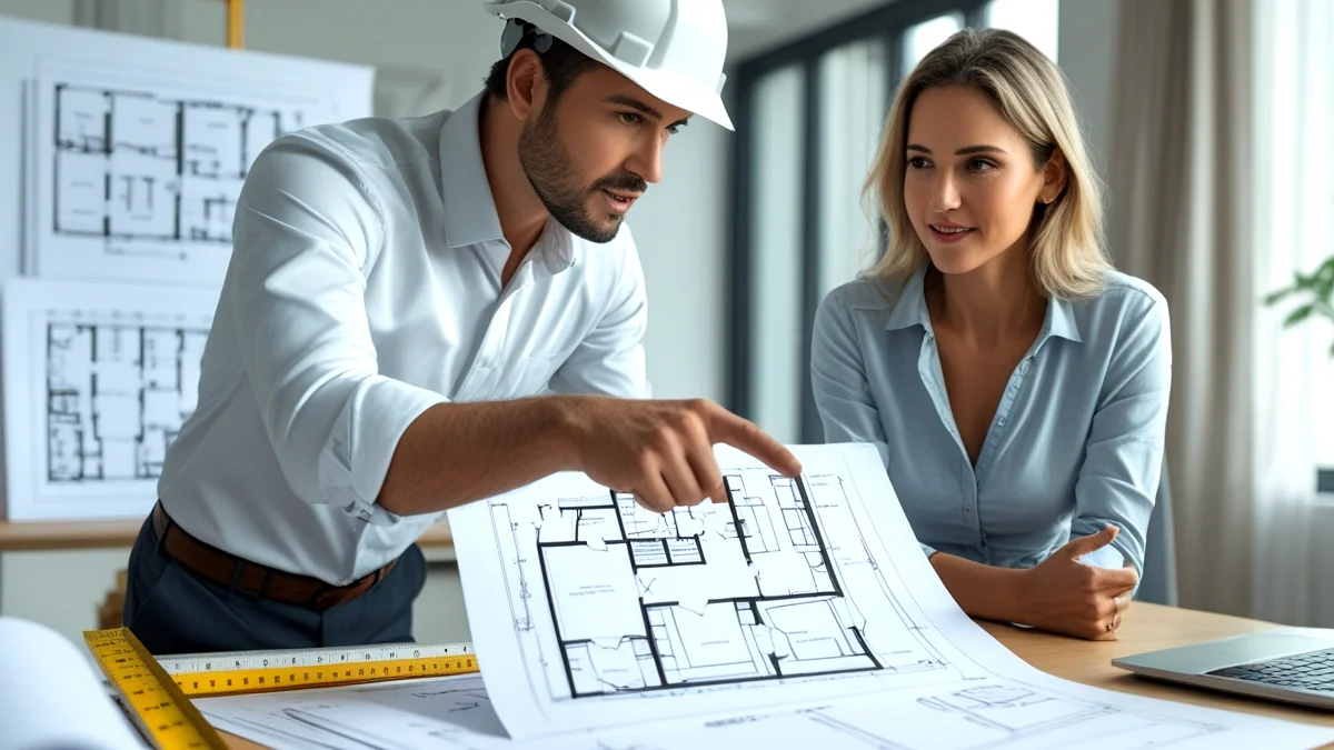 Engenheiro civil e proprietário discutindo uma alteração estrutural em planta de apartamento, com foco na manutenção da garantia do imóvel e cumprimento da NBR 16.280.