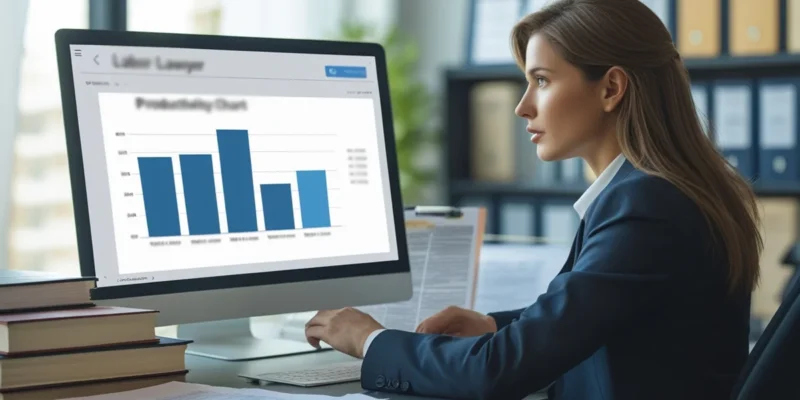 Advogado trabalhista analisando um gráfico de produtividade em um computador, simbolizando os limites legais do monitoramento de funcionários em home office.