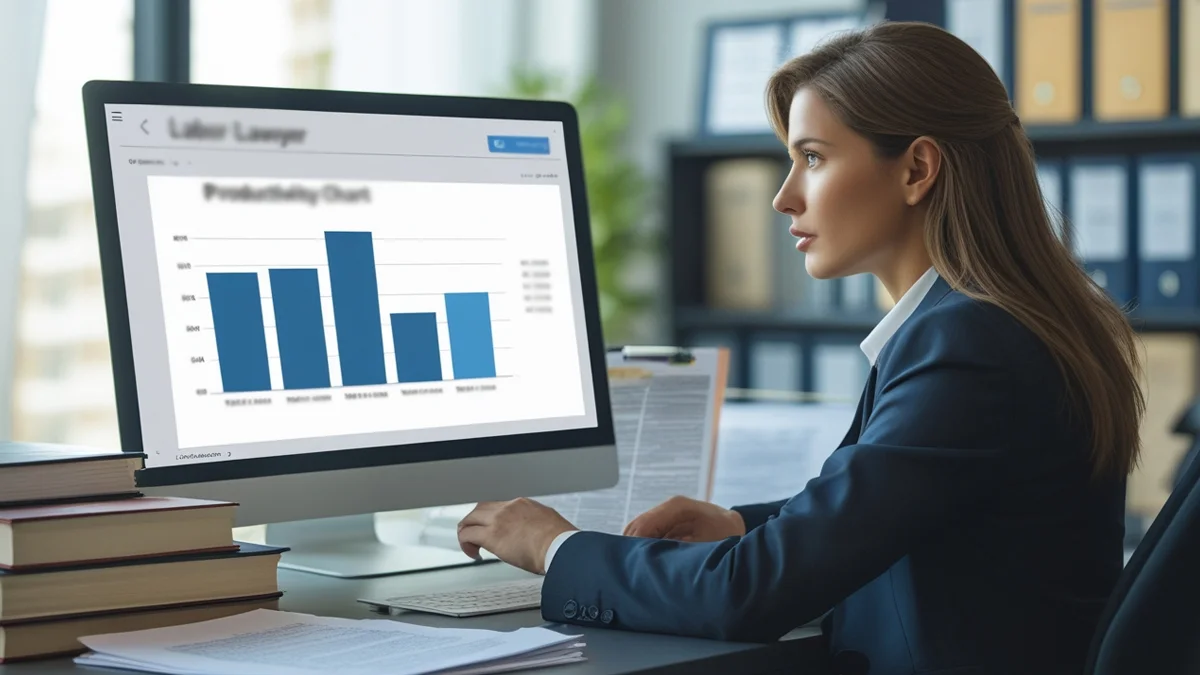 Advogado trabalhista analisando um gráfico de produtividade em um computador, simbolizando os limites legais do monitoramento de funcionários em home office.