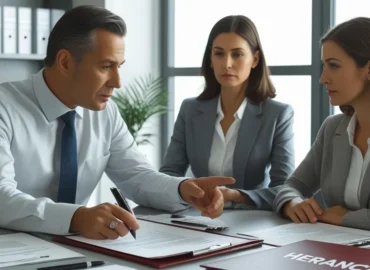 família com mais de dois pais/mães (multiparentalidade) discutindo documentos de herança e divisão de bens, simbolizando o desafio do direito sucessório na família contemporânea.