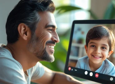 Um pai no Brasil sorrindo enquanto faz uma videochamada com seu filho, que está em outro país, ilustrando a manutenção do vínculo familiar e os direitos parentais à distância.