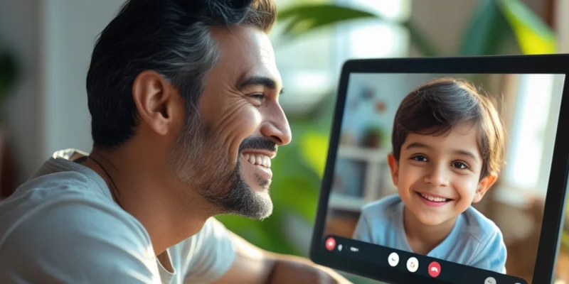 Um pai no Brasil sorrindo enquanto faz uma videochamada com seu filho, que está em outro país, ilustrando a manutenção do vínculo familiar e os direitos parentais à distância.