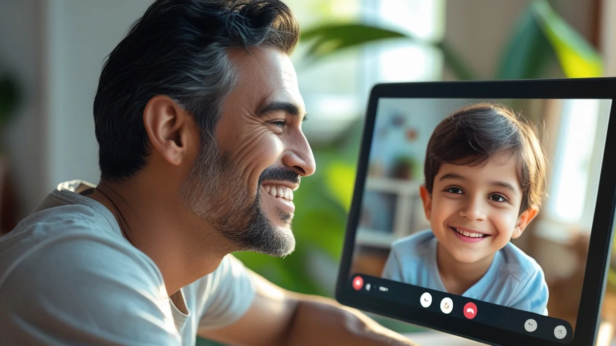 Um pai no Brasil sorrindo enquanto faz uma videochamada com seu filho, que está em outro país, ilustrando a manutenção do vínculo familiar e os direitos parentais à distância.