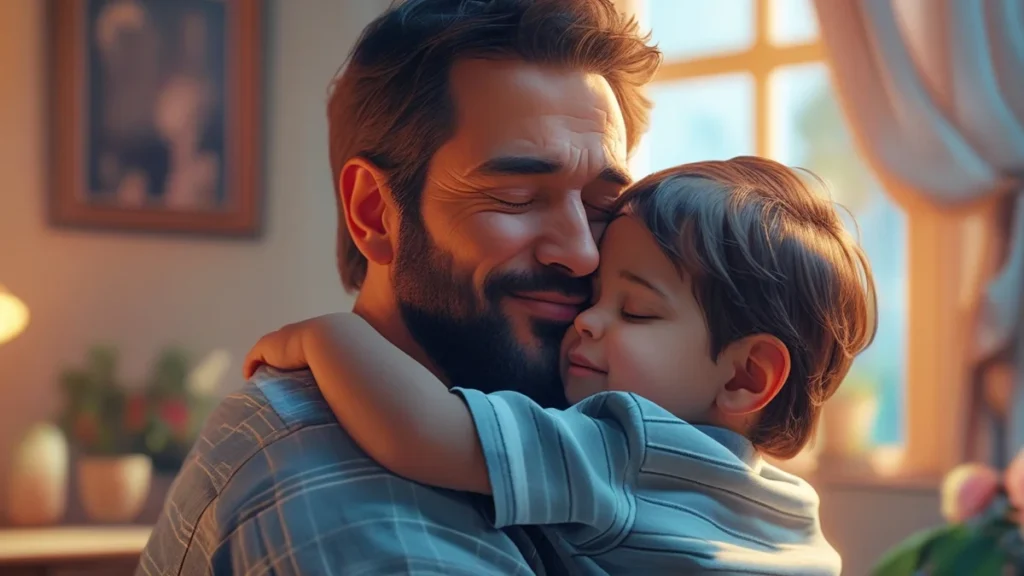 Foto de um pai e seu filho abraçados, representando o direito de convivência, em contraste com a dificuldade e o obstáculo imposto pela ex-cônjuge após o novo relacionamento do pai, tema do artigo sobre alienação parental e ações de execução de visitas.