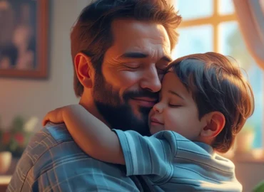 Foto de um pai e seu filho abraçados, representando o direito de convivência, em contraste com a dificuldade e o obstáculo imposto pela ex-cônjuge após o novo relacionamento do pai, tema do artigo sobre alienação parental e ações de execução de visitas.