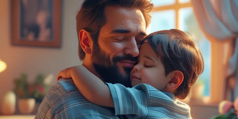 Foto de um pai e seu filho abraçados, representando o direito de convivência, em contraste com a dificuldade e o obstáculo imposto pela ex-cônjuge após o novo relacionamento do pai, tema do artigo sobre alienação parental e ações de execução de visitas.