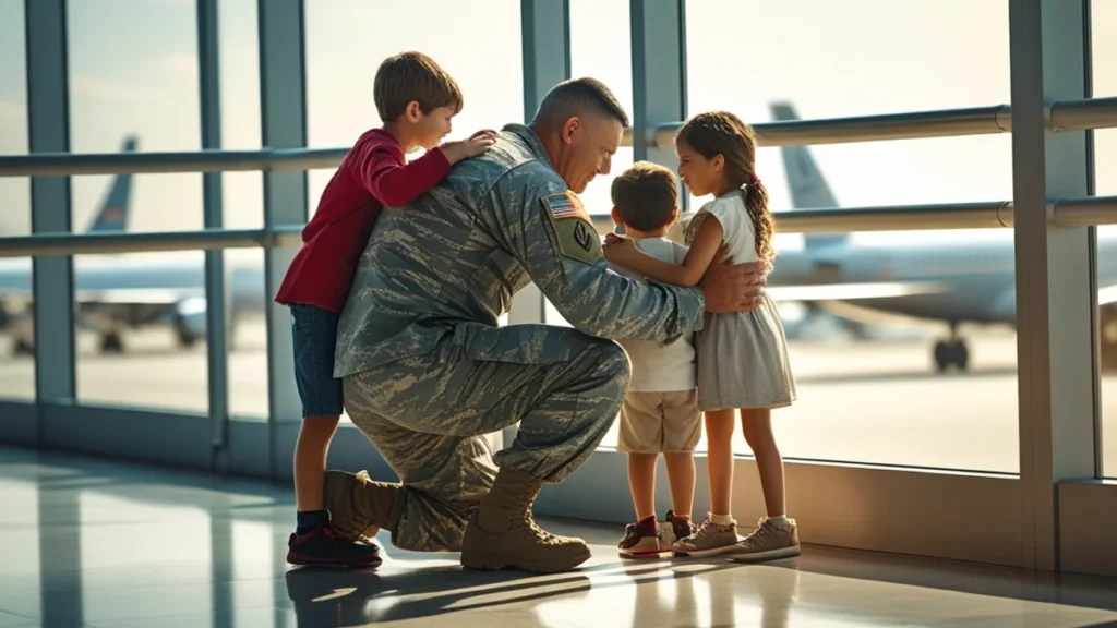 Imagem de um pai militar ou viajante se despedindo de seus filhos em um aeroporto ou base, simbolizando a alta mobilidade profissional, e a necessidade de um regime de convivência flexível e compensatório para garantir o vínculo afetivo, conforme discutido no artigo.