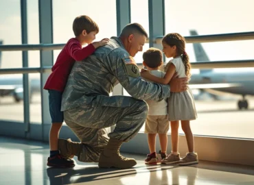 Imagem de um pai militar ou viajante se despedindo de seus filhos em um aeroporto ou base, simbolizando a alta mobilidade profissional, e a necessidade de um regime de convivência flexível e compensatório para garantir o vínculo afetivo, conforme discutido no artigo.
