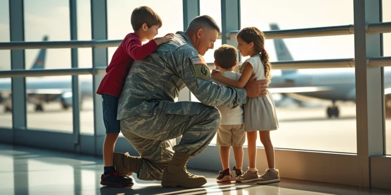 Imagem de um pai militar ou viajante se despedindo de seus filhos em um aeroporto ou base, simbolizando a alta mobilidade profissional, e a necessidade de um regime de convivência flexível e compensatório para garantir o vínculo afetivo, conforme discutido no artigo.