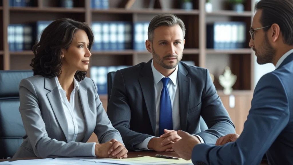 Dois pais separados em frente a um advogado, discutindo quem deve pagar a mensalidade da escola particular do filho, simbolizando a responsabilidade financeira no divórcio.