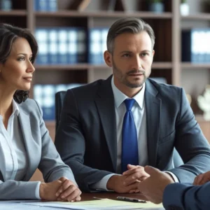 Dois pais separados em frente a um advogado, discutindo quem deve pagar a mensalidade da escola particular do filho, simbolizando a responsabilidade financeira no divórcio.