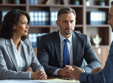Dois pais separados em frente a um advogado, discutindo quem deve pagar a mensalidade da escola particular do filho, simbolizando a responsabilidade financeira no divórcio.