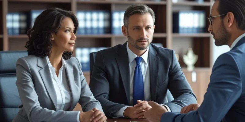 Dois pais separados em frente a um advogado, discutindo quem deve pagar a mensalidade da escola particular do filho, simbolizando a responsabilidade financeira no divórcio.
