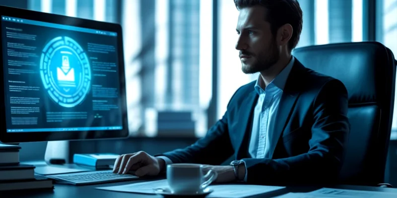 Advogado em frente a um computador, analisando um contrato digital com ícone de assinatura eletrônica, simbolizando a complexidade jurídica da validade de documentos eletrônicos.