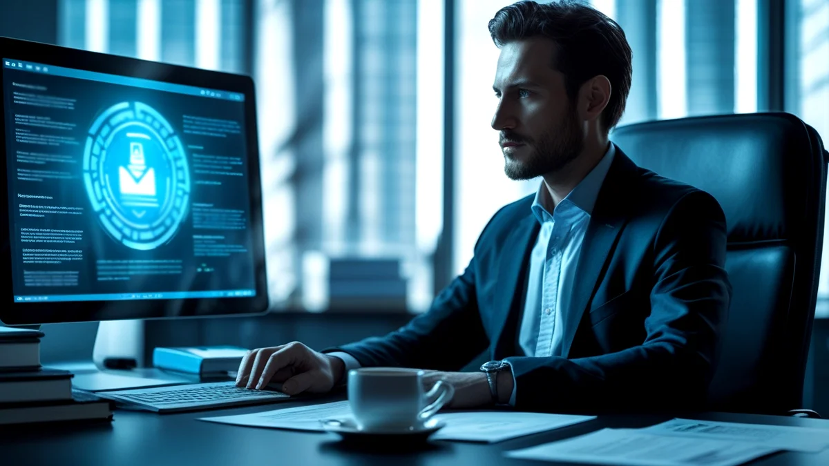 Advogado em frente a um computador, analisando um contrato digital com ícone de assinatura eletrônica, simbolizando a complexidade jurídica da validade de documentos eletrônicos.