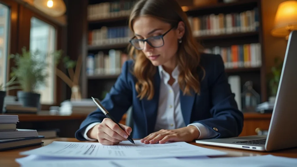 Advogado especialista em direito trabalhista analisando documentos sobre riscos legais e atualização profissional em escritório.