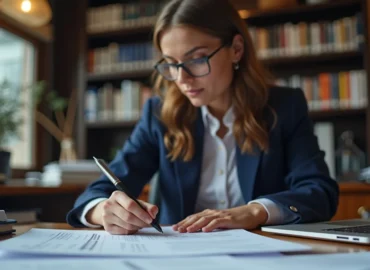 Advogado especialista em direito trabalhista analisando documentos sobre riscos legais e atualização profissional em escritório.