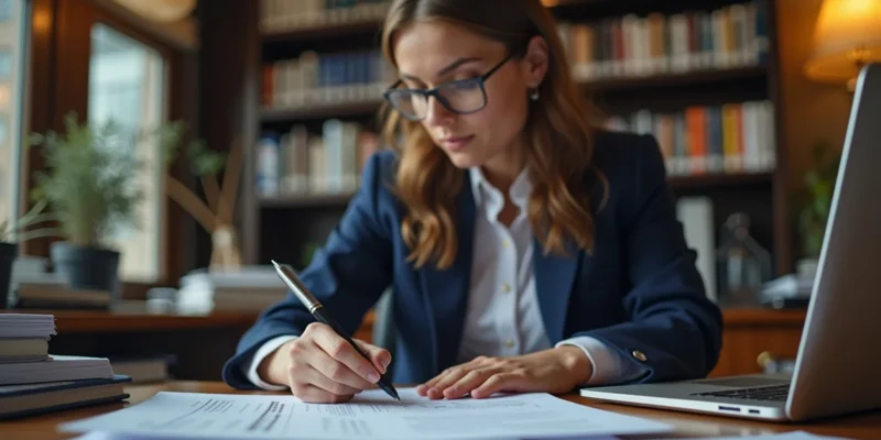 Advogado especialista em direito trabalhista analisando documentos sobre riscos legais e atualização profissional em escritório.