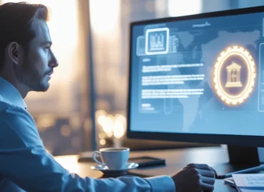 Advogado especialista analisando provas de um golpe digital em um celular e computador, auxiliando a vítima a reunir documentos para denunciar.