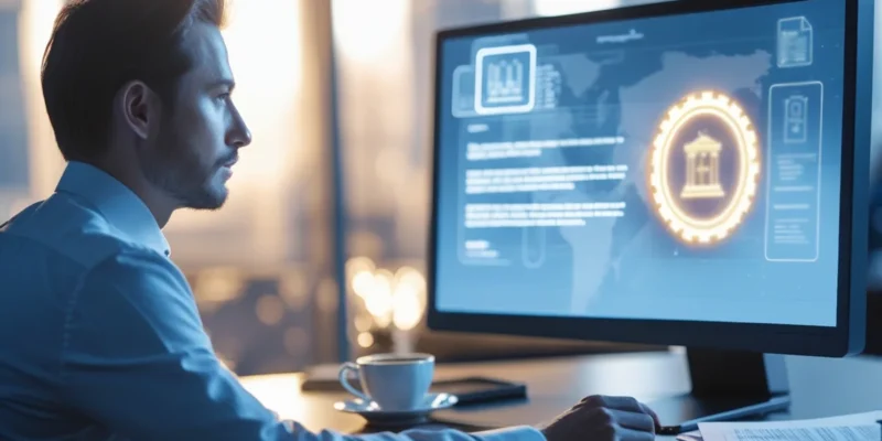 Advogado especialista analisando provas de um golpe digital em um celular e computador, auxiliando a vítima a reunir documentos para denunciar.