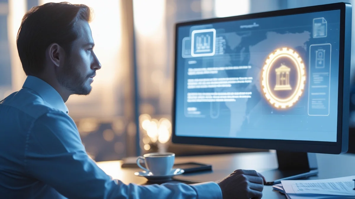 Advogado especialista analisando provas de um golpe digital em um celular e computador, auxiliando a vítima a reunir documentos para denunciar.