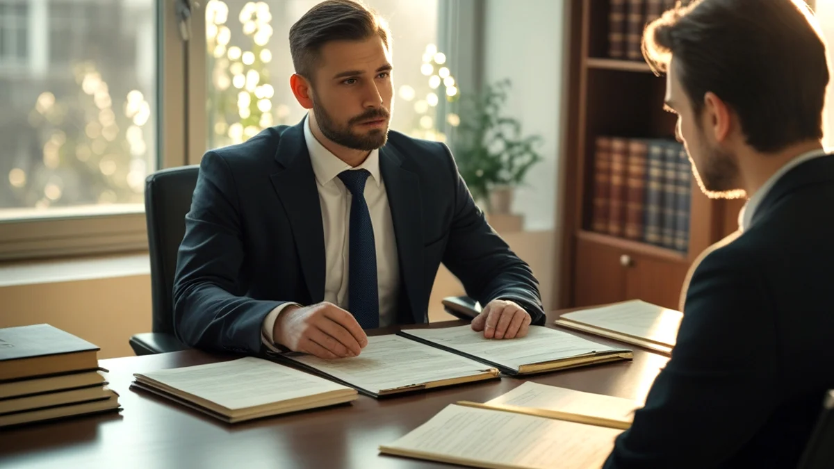 Advogado especialista em direito previdenciário em reunião com um jogador de futebol, analisando documentos de contrato e INSS para planejamento de aposentadoria e contribuições.