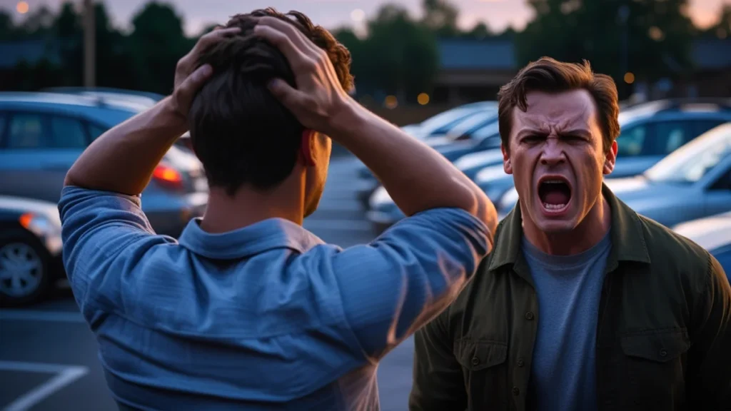 Trabalhador sendo demitido e sofrendo com assédio moral, segurando a cabeça na frente do chefe, simbolizando a necessidade de processar a empresa.