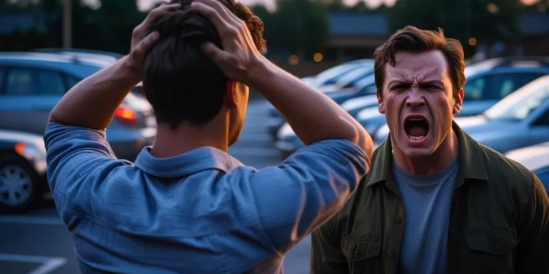 Trabalhador sendo demitido e sofrendo com assédio moral, segurando a cabeça na frente do chefe, simbolizando a necessidade de processar a empresa.