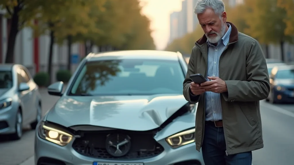 Motorista frustrado ao telefone com a seguradora após acidente de carro, representando problemas com direitos do consumidor no seguro auto.
