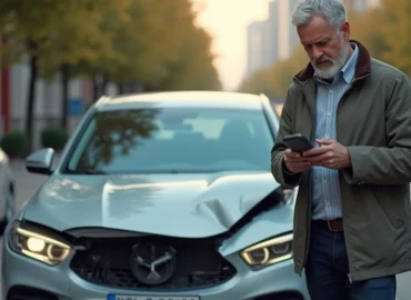 Motorista frustrado ao telefone com a seguradora após acidente de carro, representando problemas com direitos do consumidor no seguro auto.