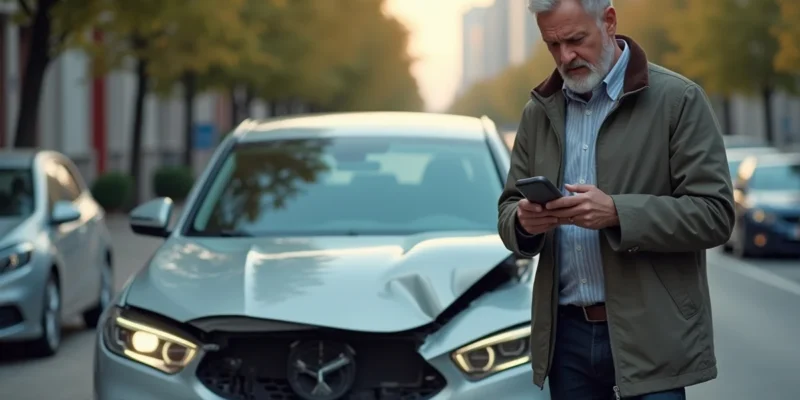 Motorista frustrado ao telefone com a seguradora após acidente de carro, representando problemas com direitos do consumidor no seguro auto.