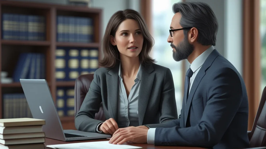 Mulher viúva analisando documentos de herança e inventário com advogado especialista em sucessões em escritório de advocacia.