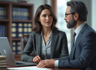 Mulher viúva analisando documentos de herança e inventário com advogado especialista em sucessões em escritório de advocacia.