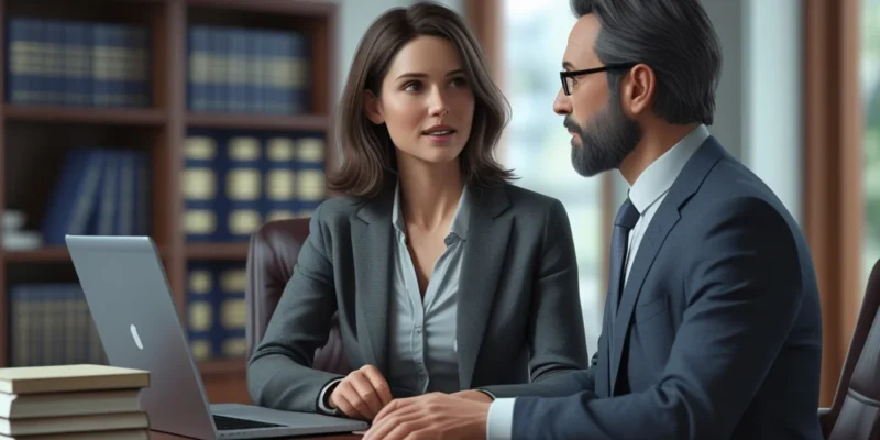 Mulher viúva analisando documentos de herança e inventário com advogado especialista em sucessões em escritório de advocacia.