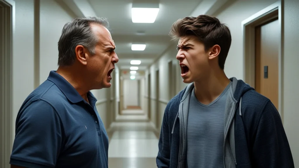 Vizinhos discutindo agressivamente em área comum de condomínio, ilustrando conflito que pode virar crime de ameaça ou injúria.