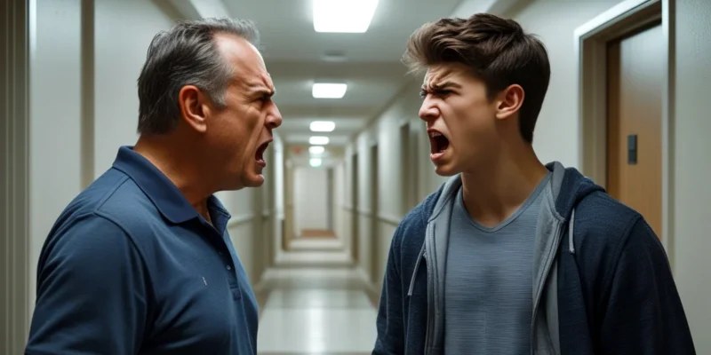 Vizinhos discutindo agressivamente em área comum de condomínio, ilustrando conflito que pode virar crime de ameaça ou injúria.