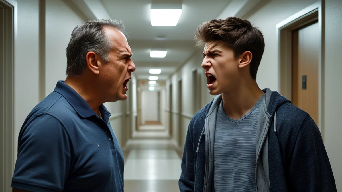 Vizinhos discutindo agressivamente em área comum de condomínio, ilustrando conflito que pode virar crime de ameaça ou injúria.