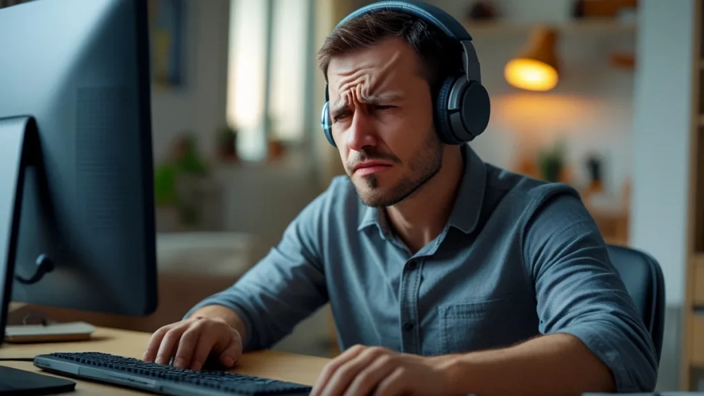 Profissional trabalhando em casa com expressão de cansaço ou frustração em frente ao computador, ilustrando a demissão injusta no home office.