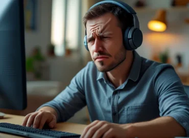 Profissional trabalhando em casa com expressão de cansaço ou frustração em frente ao computador, ilustrando a demissão injusta no home office.