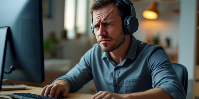 Profissional trabalhando em casa com expressão de cansaço ou frustração em frente ao computador, ilustrando a demissão injusta no home office.