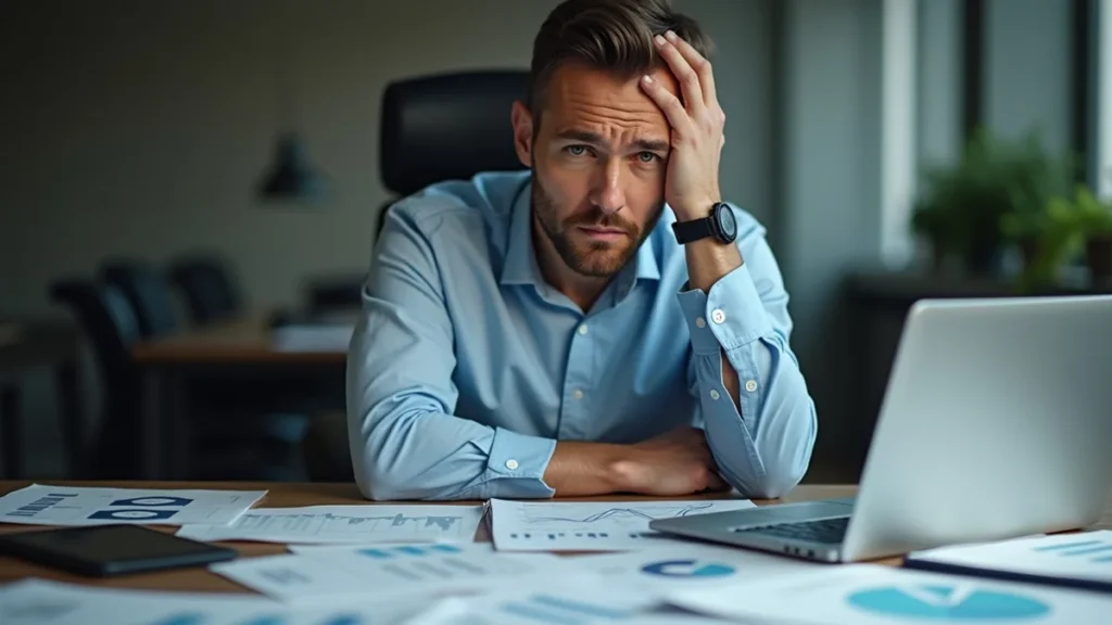 Homem analisando documentos financeiros e notebook, preocupado com notificação da Receita Federal sobre patrimônio não declarado.