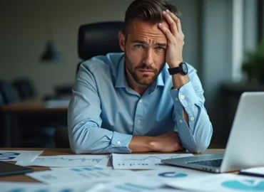Homem analisando documentos financeiros e notebook, preocupado com notificação da Receita Federal sobre patrimônio não declarado.